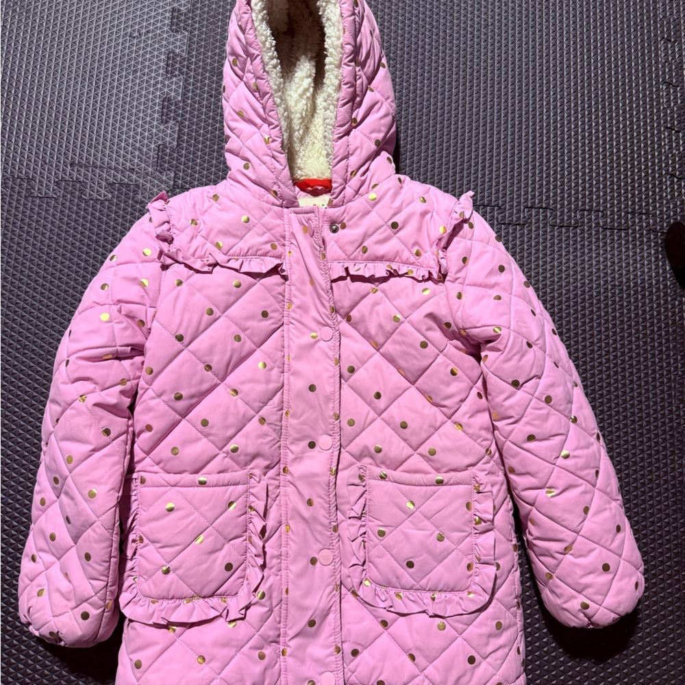 Mini Boden Pink Quilted Jacket with Gold Polka Dots